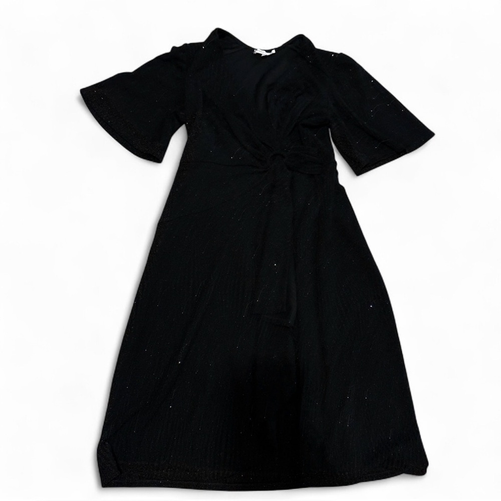 Robbie Bee Black Glitter Midi Dress Women’s M Stretch Bell Sleeve Evening